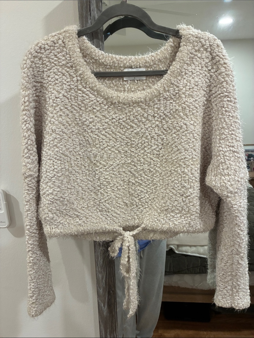 Storia Cream Bouclé Tie-Front Crewneck Sweater